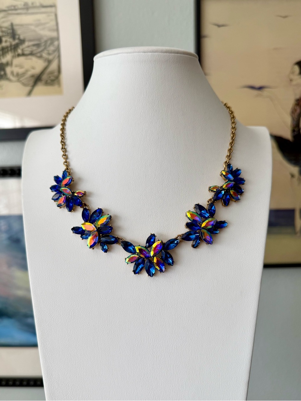 J Crew Blue AB Crystal Flower Statement Necklace Iridescent Gold Tone Choker Bib